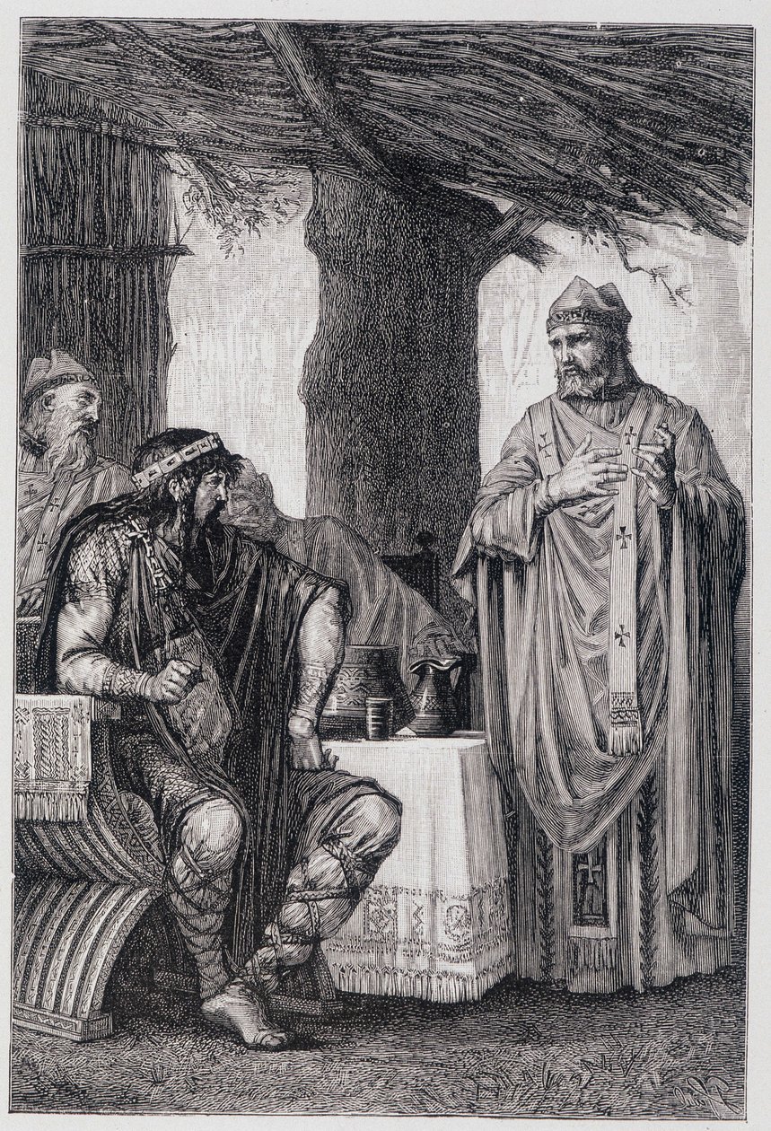 Saint Gregoire z Tours (538-594) stojící proti Chilpericovi I. (539-584) králi Neustrije. od Unknown artist