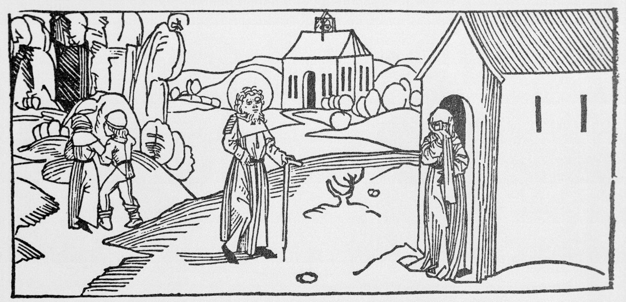Svatý Pastor. Rytina z „Životů svatých – letní část“ (Kniha světce) od Jacoba (Jakuba) z Voragine (1228-1298). Lubeck 1488. od Unknown artist