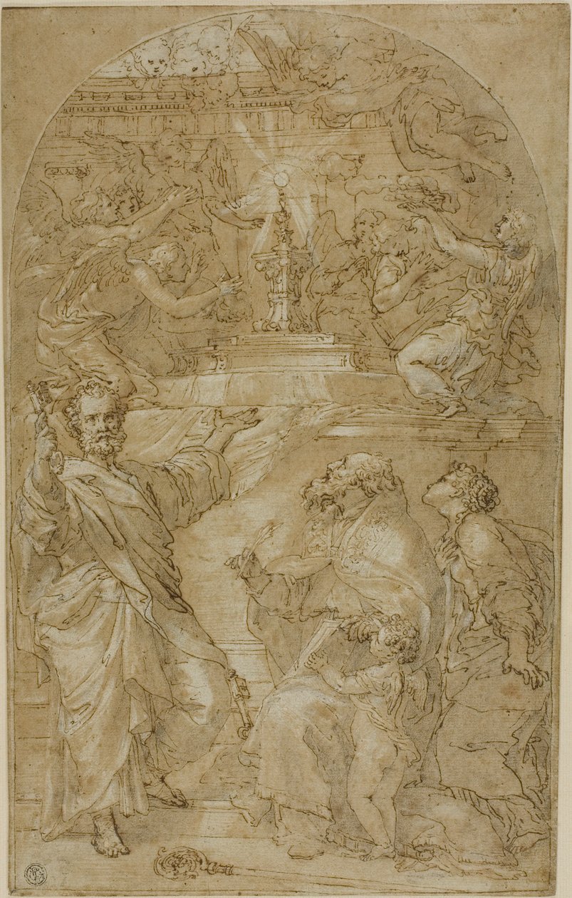 Svatý Petr, svatý Augustin a světice v adoraci Eucharistie od Unknown artist