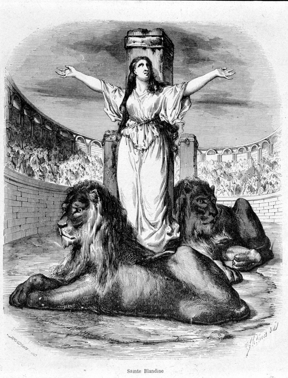 Sainte Blandine v aréně, lvi ležící u jeho nohou (křesťanské pronásledování v Lyonu) - v „Histoire des Popes““ od Maurice Lachatre od Unknown artist