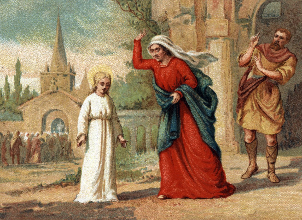 Sainte Genevieve (422-502), patronka Paříže zneužívaná její matkou. Chromolitografie kolem roku 1890. od Unknown artist