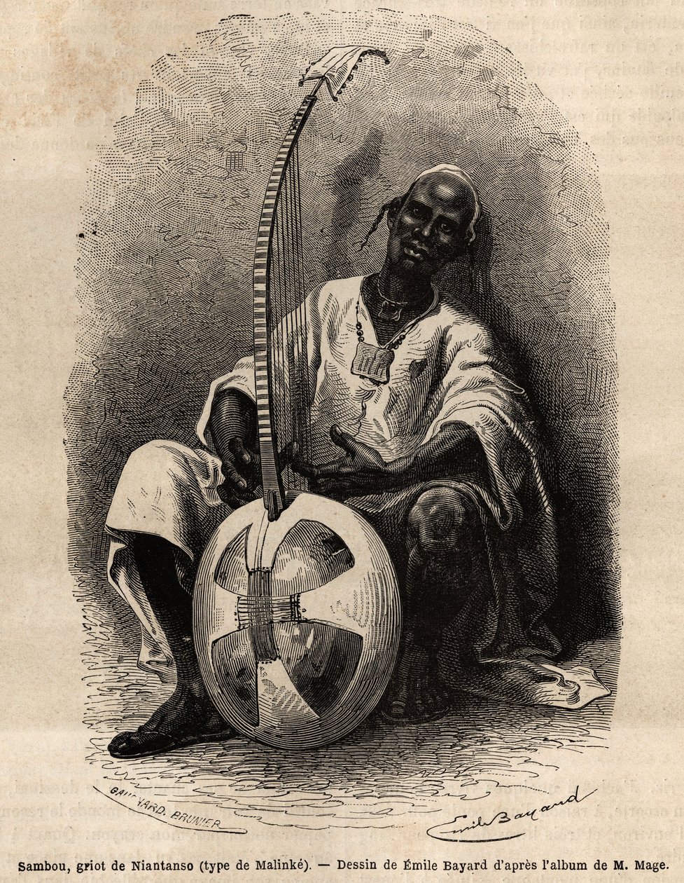 Sambou, griot z Niantanso (Mali) (typ Malinke: západoafrický jazyk (Guinea, Senegal, Mali a Pobřeží slonoviny), básník, hudebník, historik a vypravěč, griot je depozitářem kolektivní paměti lidu. Rytina k dokreslení příběhu od Unknown artist