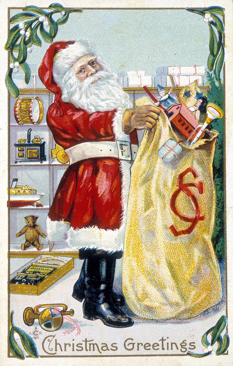 Santa Claus připravuje dárky - vánoční přání. Americké přání sd. koncem 19. století. od Unknown artist