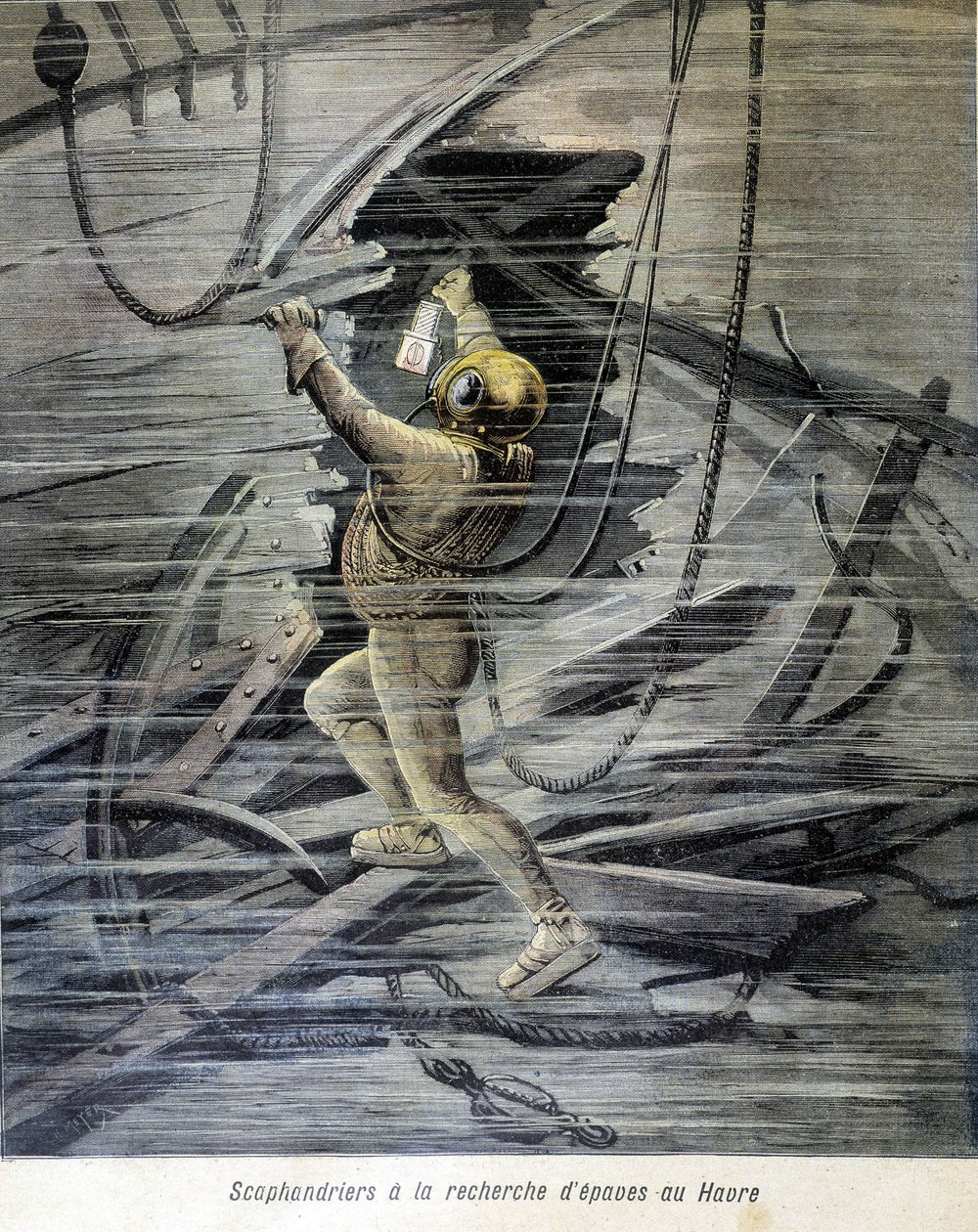 Scaphandrier hledá vraky v Le Havre. ilustrace „Petity Journal““ z roku 1892. od Unknown artist