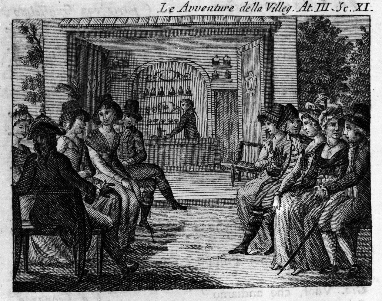 Scéna 11 dějství III z komiksu „The avventure della villeggiatura““ (Dobrodružství města) (1756) od Carla Goldoniho (1707-1793). Rytina 18. století od Unknown artist