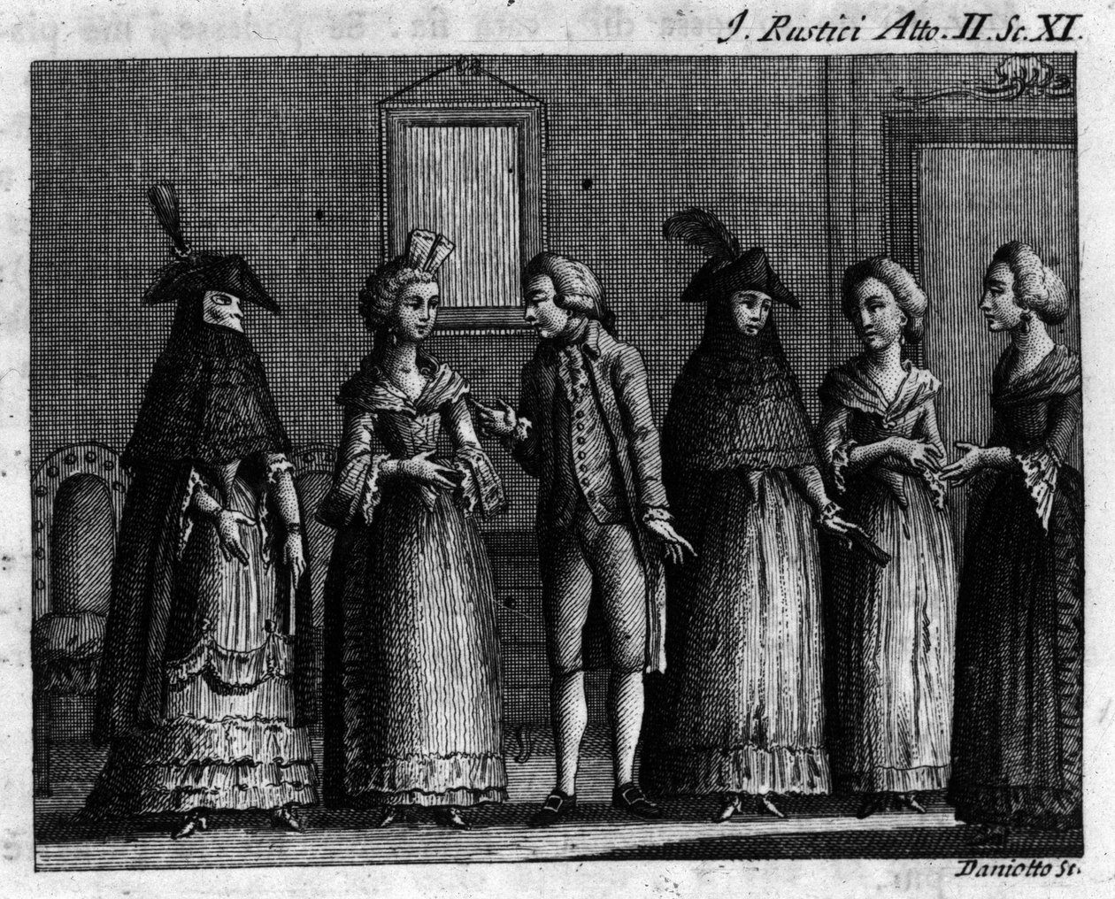 Scéna 11 dějství II z komiksu „I rustici““ (Les rustres) (1760) od Carla Goldoniho (1707-1793). Rytina 18. století od Unknown artist