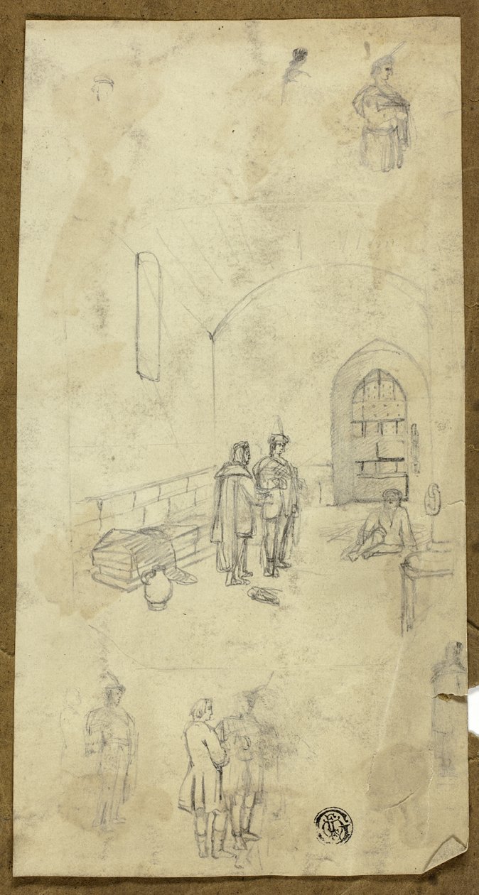 Scéna ve vězeňské cele s náčrty dalších postav od Unknown artist