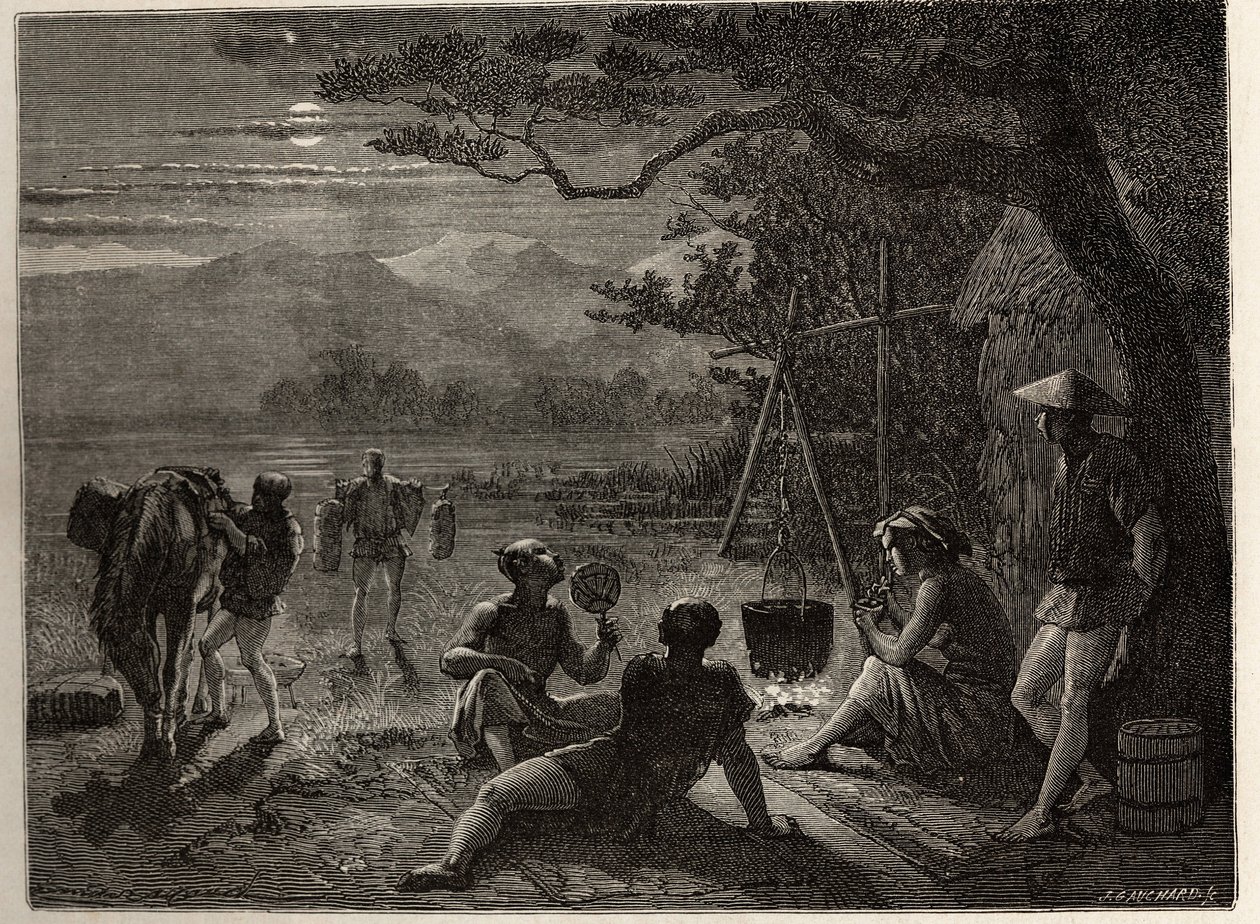 Scéna zbytku země, v měsíčním světle, rohože jsou vztyčeny na zemi po dni práce. Rytina k ilustraci plavby do Japonska v letech 1863-1864 od Aime Humberta, ministra Švýcarské konfederace, v „Le tour du monde, nouveau journal des od Unknown artist