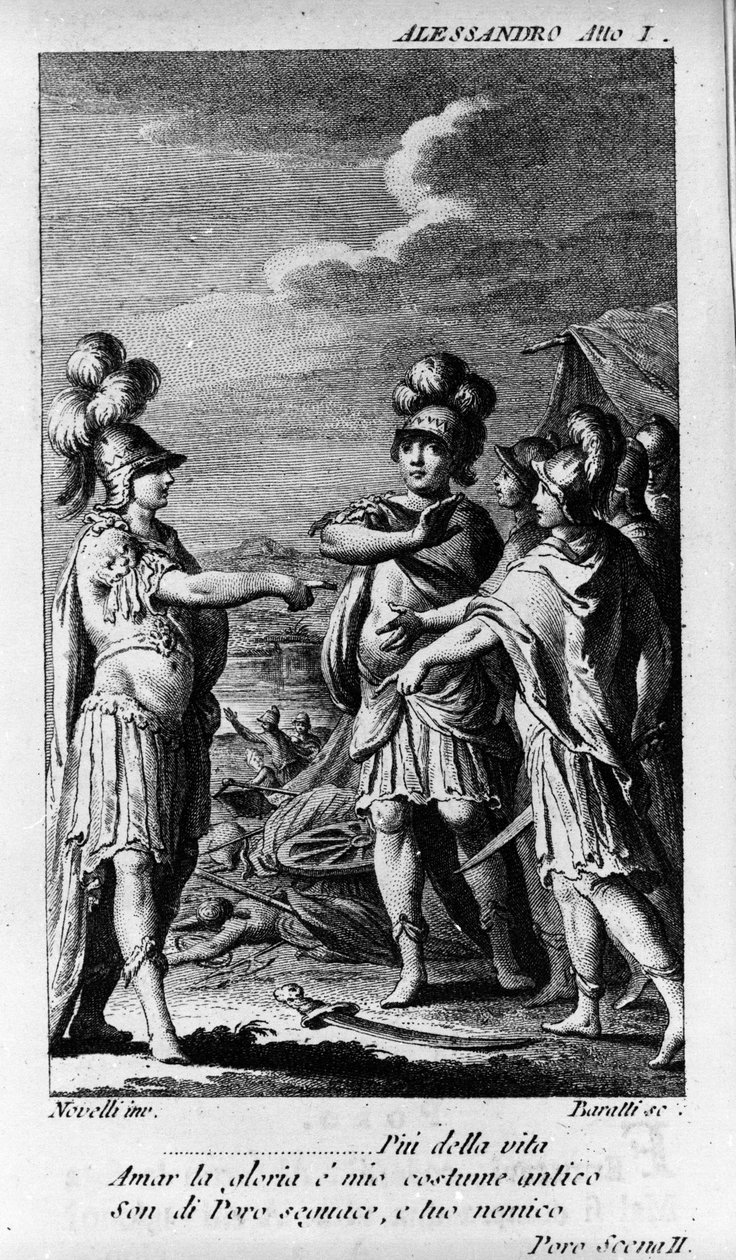Scéna prvního jednání „“ Alexandre aux Indies“ (Alessandro nelle Indie), opera skladatele Niccolo Vito Piccinni (nebo Piccini) (1728-1800) (1758) na libreto Pietra Metastasia (Metastase). Rytina z konce 18. století od Unknown artist