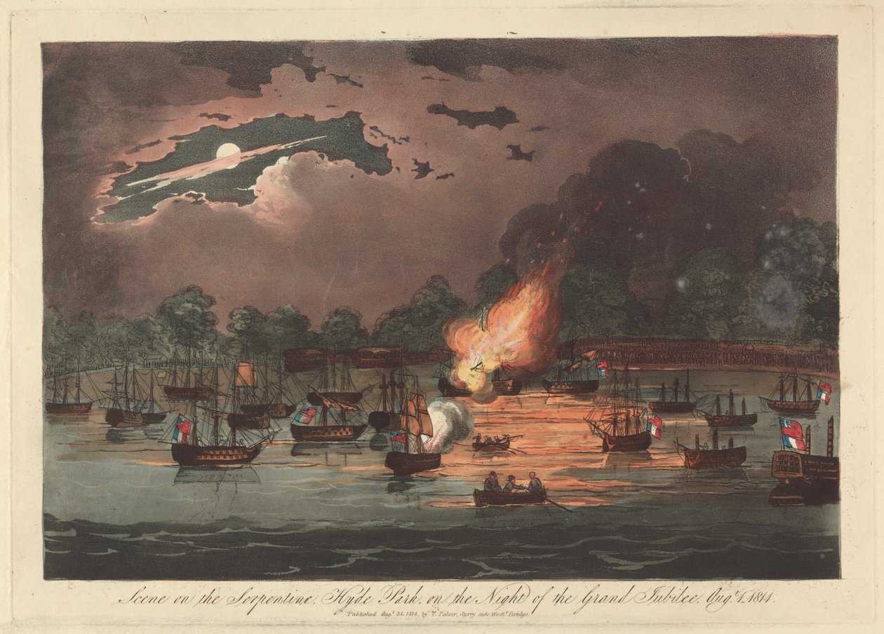 Scéna na Serpentine, Hyde Park v noci Grand Jubilee, 1. srpna 1814 od Unknown artist