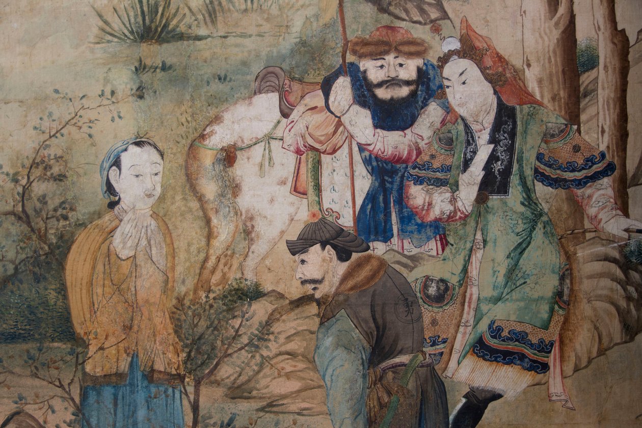 Scény z každodenního života v Číně, detail čínské tapety, čínský kabinet, Lovecká rezidence, Filippo Juvarra (1678-1736), Stupinigi, Piemont, Itálie od Unknown artist