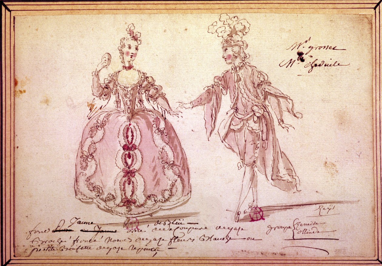 Scénografie: kresba kostýmů pro pastorační „“ Nais“ od Jeana Philippa (Jean-Philippe) Rameau (1683-1764) 1764. Akvarel. od Unknown artist