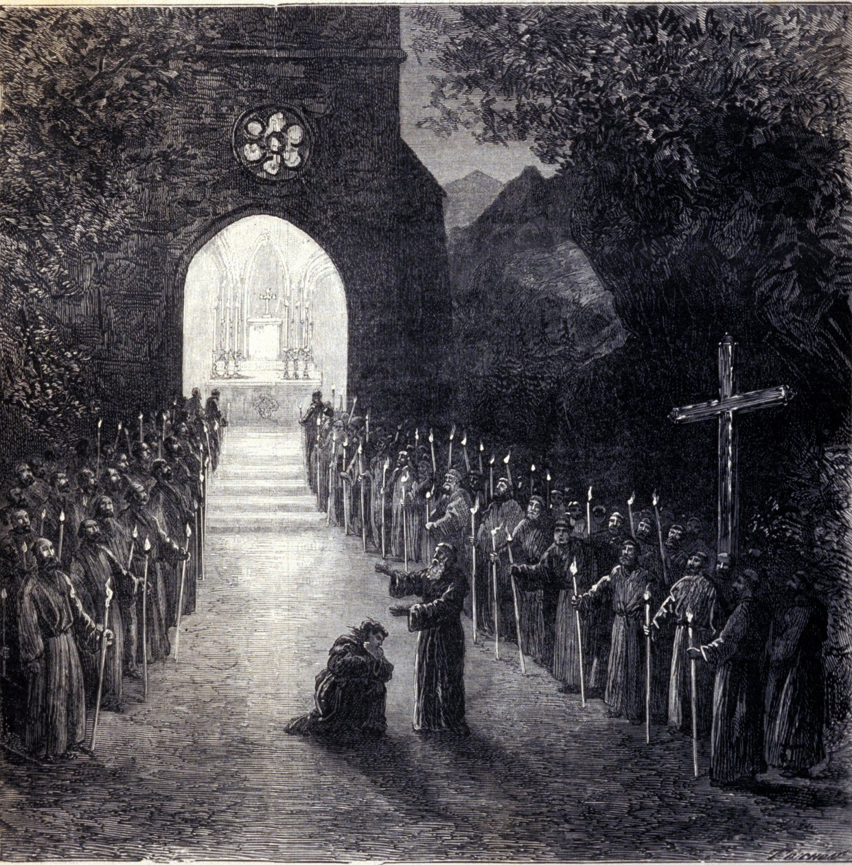 Scénografie k poslední scéně II. dějství k opeře „La forza del destino“ (Síla osudu) italského skladatele Giuseppe Verdiho (1813-1901) pro představení v Pařížské opeře od Unknown artist