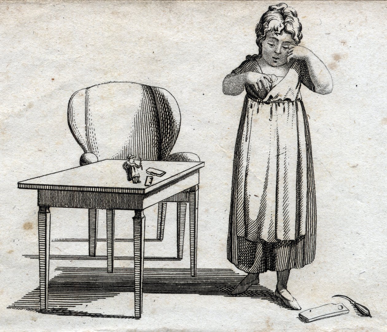 Školačka, která chce udělat svůj domácí úkol. Rytina konce 18. století. Soukromá sbírka. od Unknown artist