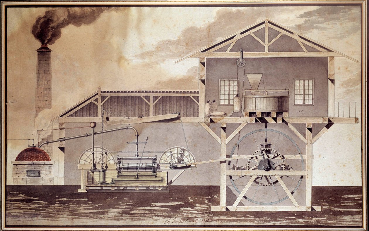 Věda a technika: „“Parní stroj, krájející mlýnek na mouku““ Kresba Edouarda Buryho. 1796. Paříž, Conservatoire National des Arts et Metiers od Unknown artist
