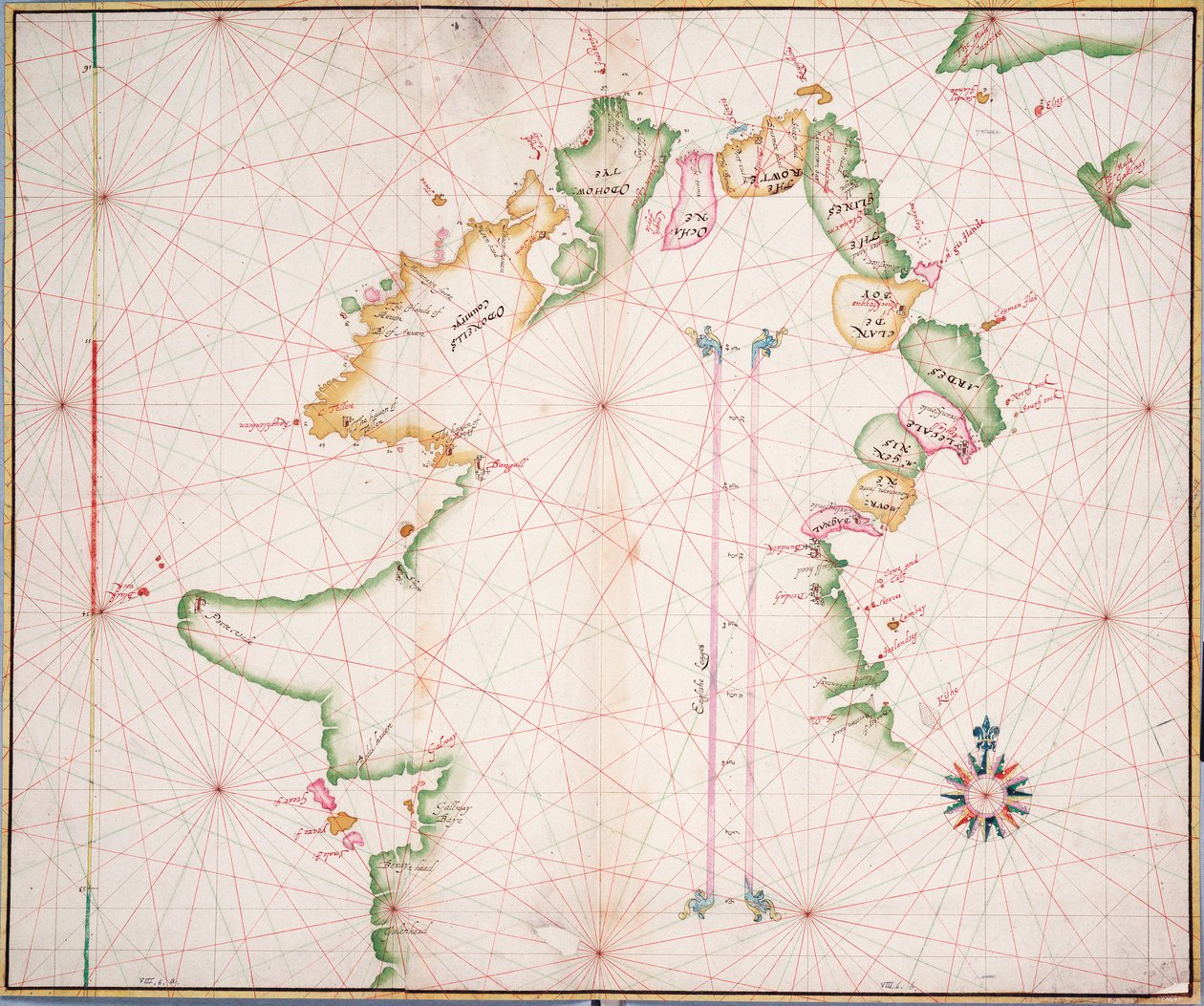 Námořní mapa severního pobřeží Irska, kolem roku 1600 (papír, plátno) od Unknown artist