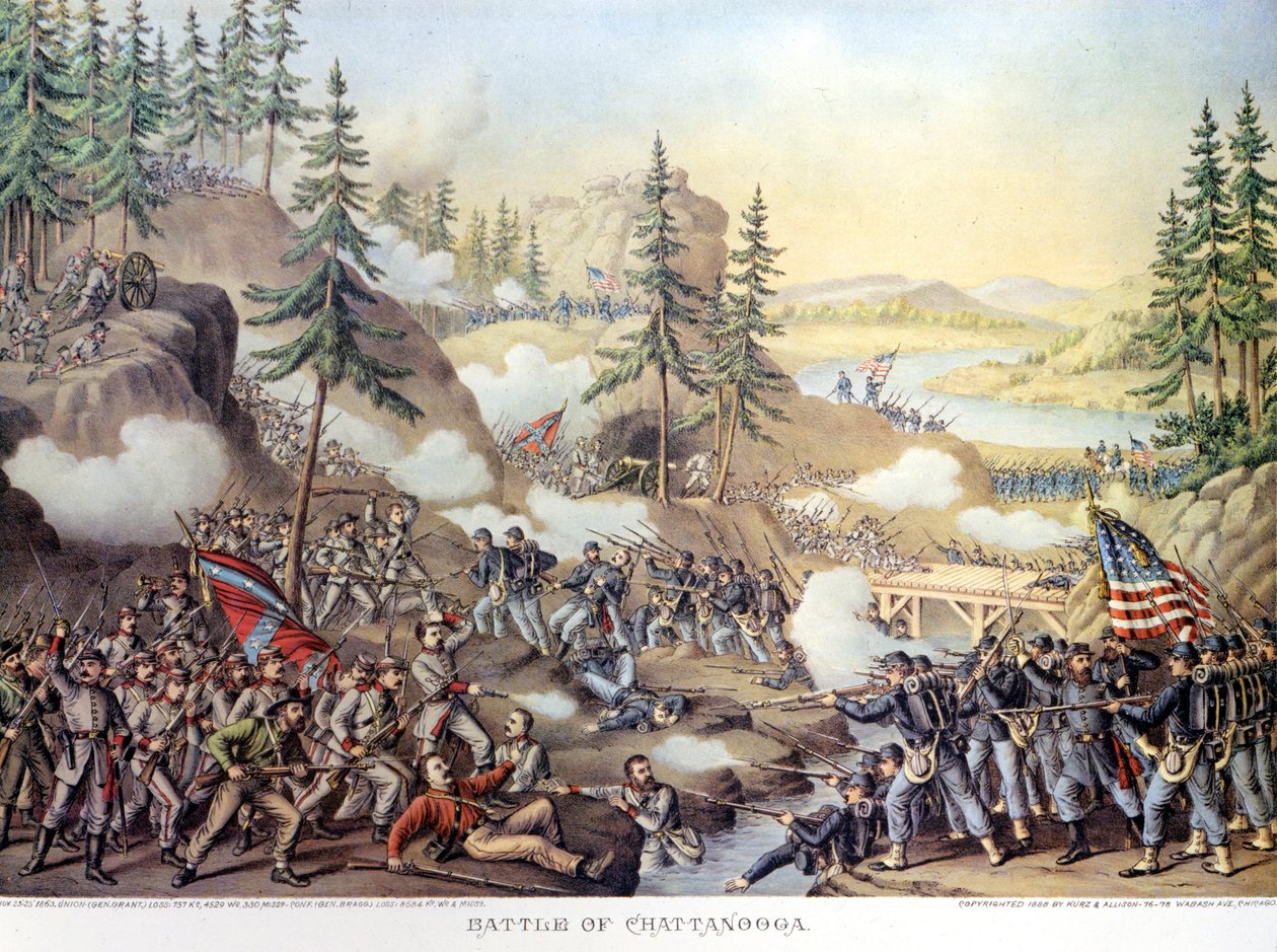 Secesní válka (1861 - 1865) nebo American Civil Giuerre: 24-25/11/1863: po dvou dnech bitvy u Chattanooga, Tennessee, vítězství Severní armády, které velel generál Rosecrans. Rytina. od Unknown artist