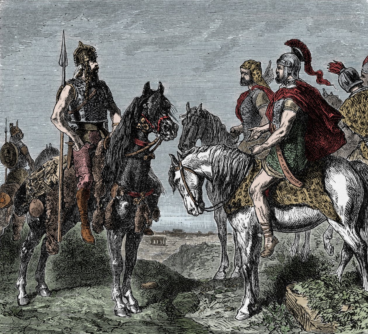 Druhá punská válka: Galové odmítají povstat ve prospěch Hannibala – Druhá punská válka (218–202 př. n. l.): Galové se odmítají zapojit s Hannibalem Barcou (247–181 př. n. l.) od Unknown artist