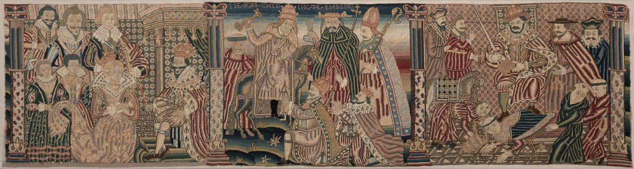 Část vyšívaného vlysu: Ahasver a Ester, Papež plísní císaři, Jindřich VIII. šlape papeži na krk od Unknown artist