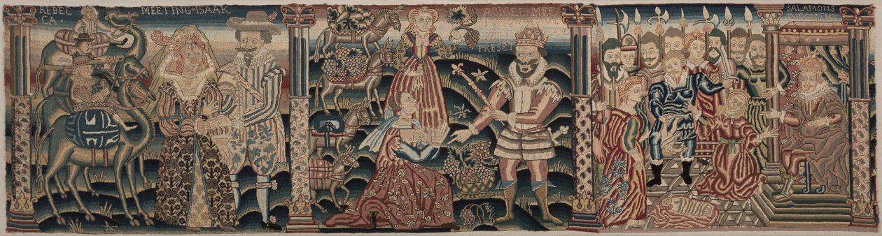 Část vyšívaného vlysu: Setkání Rebeccy s Izákem, Abigail Setkání s Davidem s dárkem, Šalamounův soud od Unknown artist