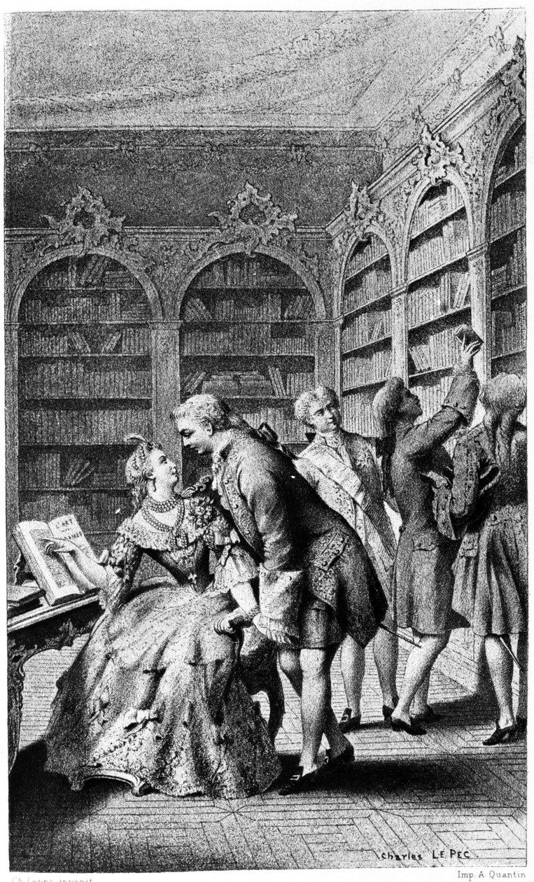 Scéna svádění v knihovně v 18. století. od Unknown artist