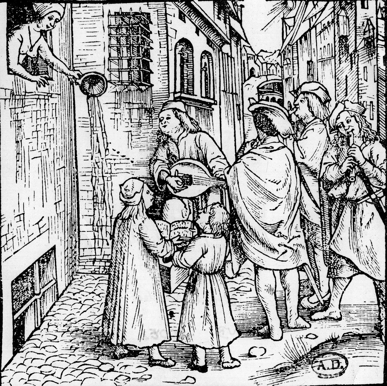 Studentská serenáda (hudebníci), Basilej, cca 1500 - rytina, Bibl. od Unknown artist
