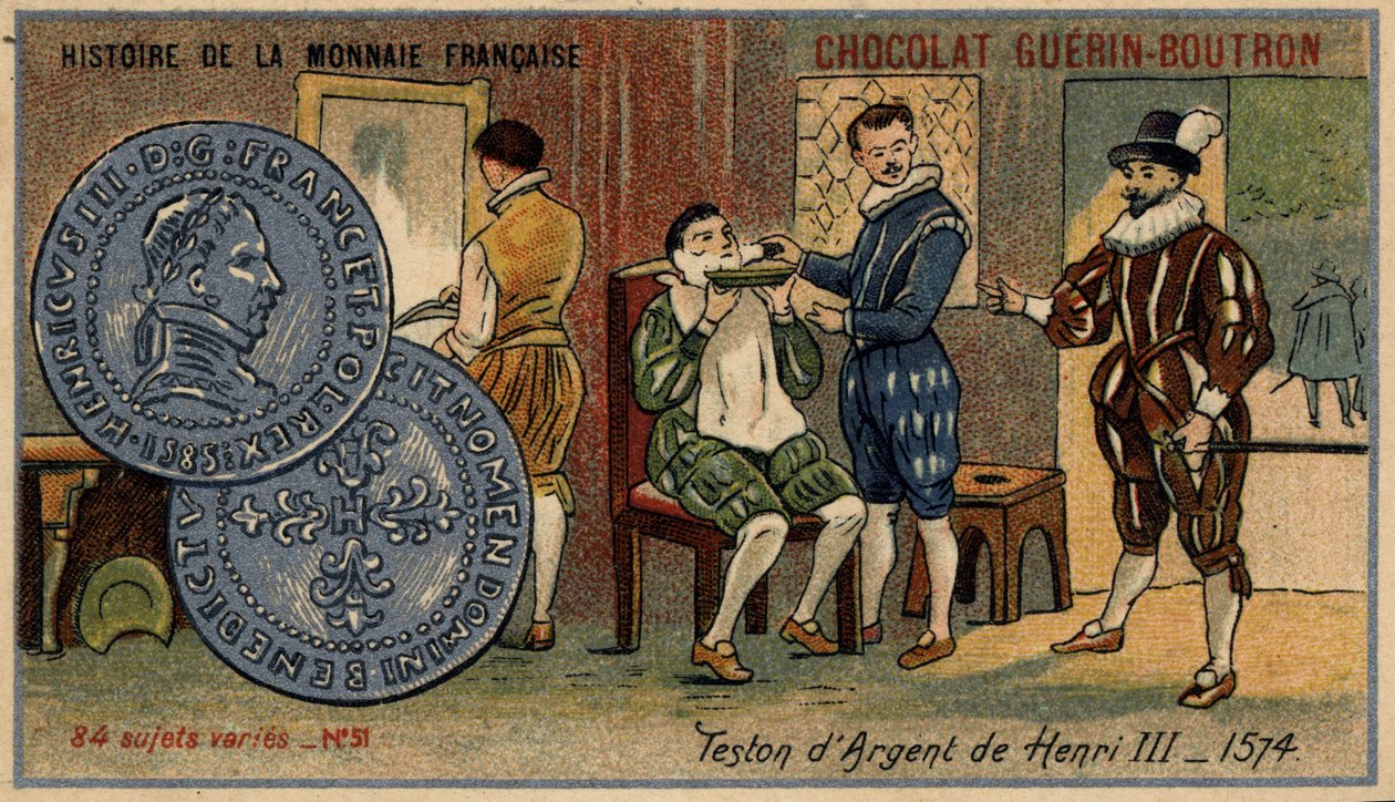 Série Historie francouzské měny nakladatelství Chocolat Guérin Boutron. Chromolitografie 19. století. Stříbrný teston Jindřicha III. 1574 od Unknown artist