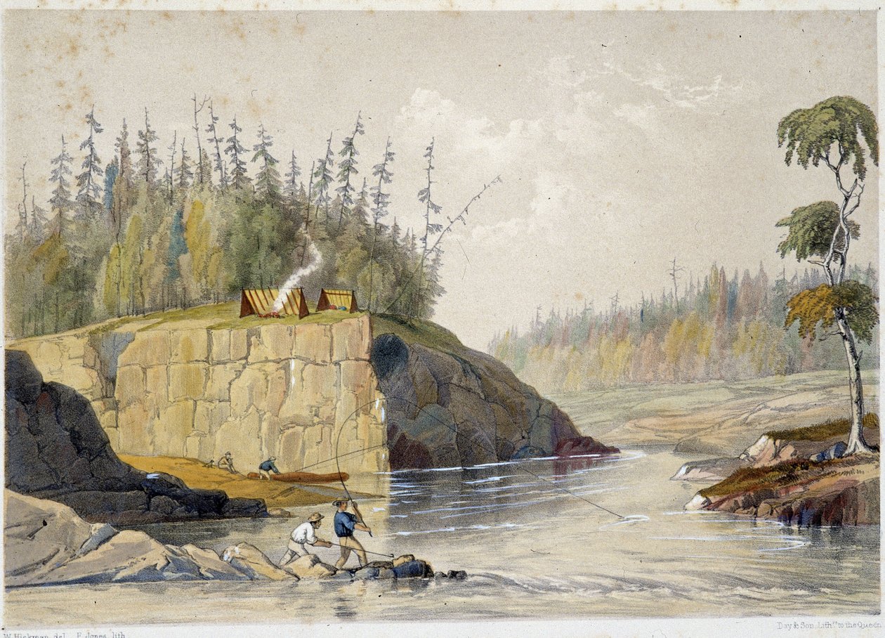 Osadníci v Kanadě loví v řece – v „“Sketches on the nipisaguit a river of New Brunswick in America”” od Williama Hickmana, ed. Halifax od Unknown artist