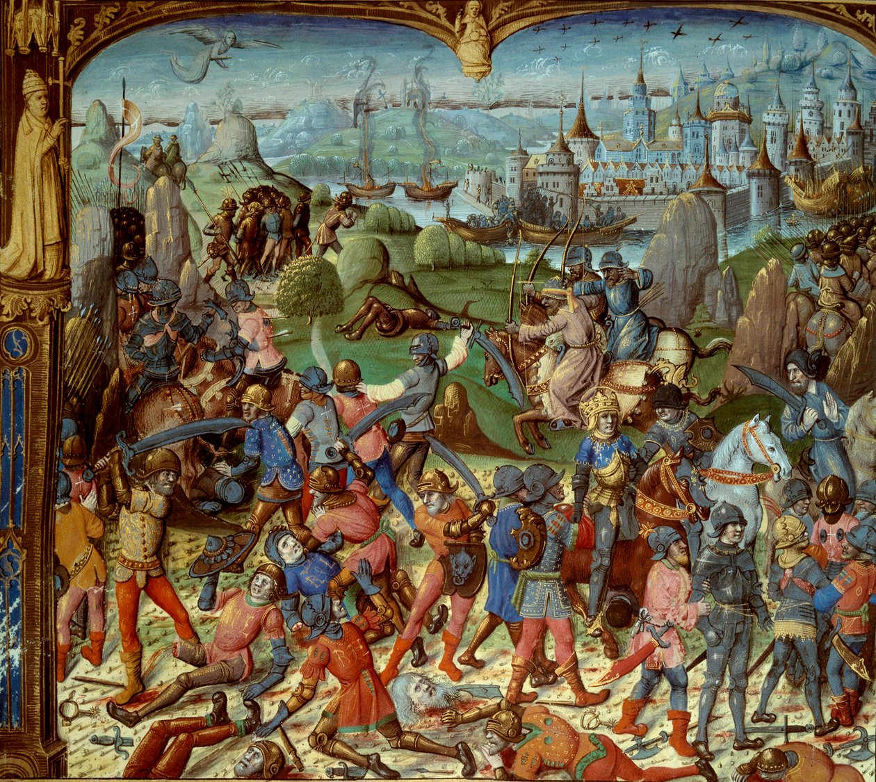 Sedmá křížová výprava (1248-1254). Louis IX (Saint Louis) (1215-1270), král Francie, s přechody poté, co byl poražen Saracény u Mansourah v roce 1250. Stáhli se za věže Damašku. Louis IX a jeho dva bratři jsou zajati od Unknown artist