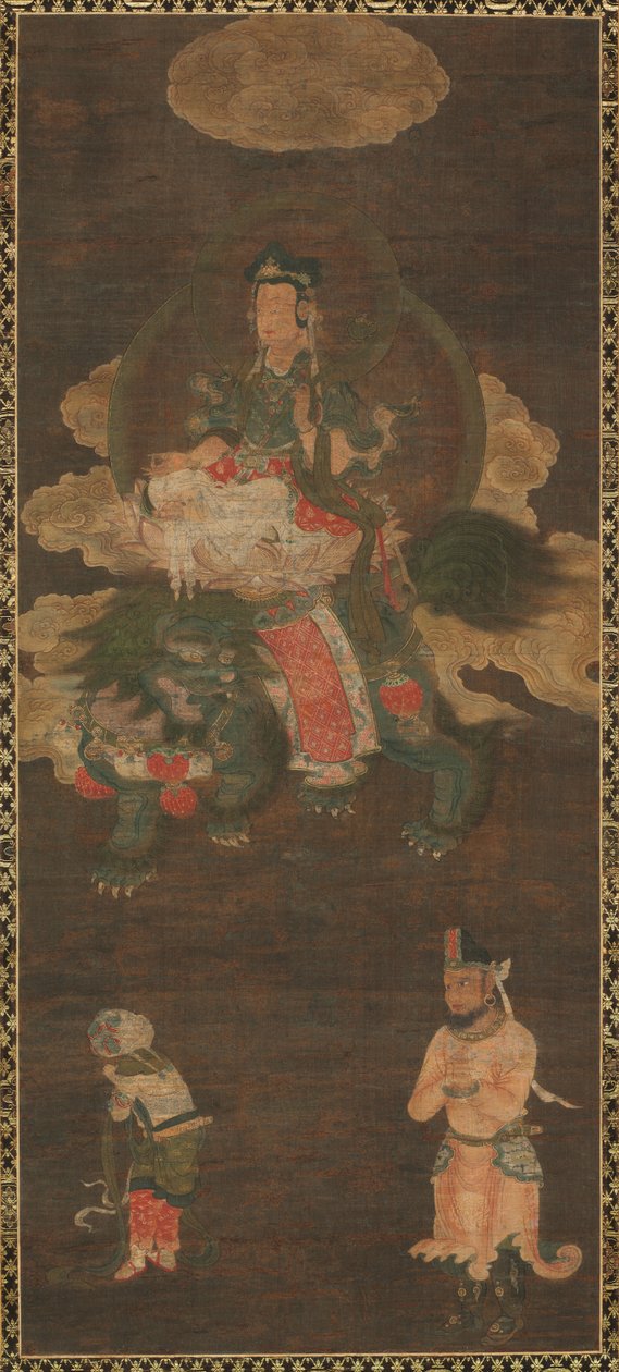 Šákjamuni triáda: Buddha navštěvovaný Manjushri a Samantabhadra (Bodhisattva se lvem) od Unknown artist