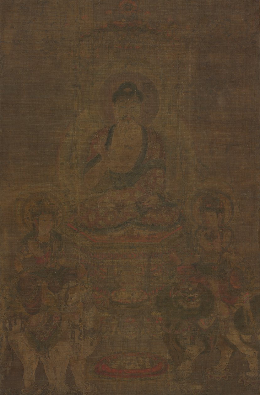 Triáda Šákjamuni: Buddha navštěvovaný Mandžušrí a Samantabhadrou od Unknown artist