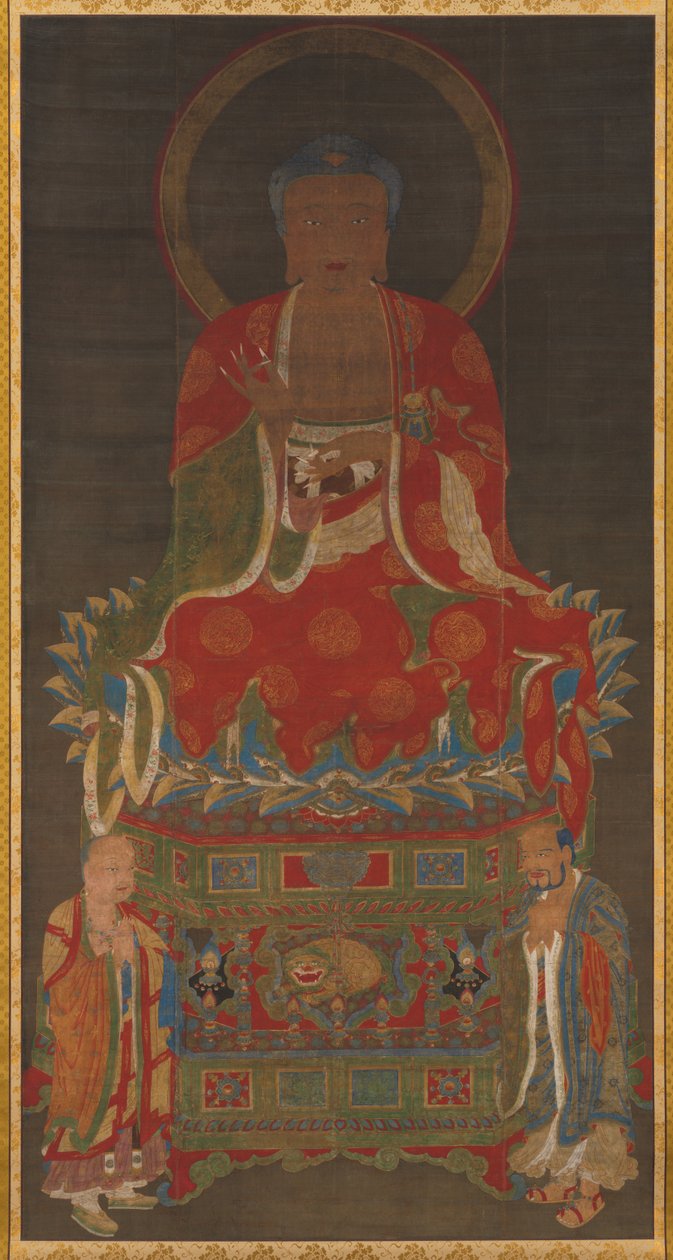 Triáda Šákjamuni: Buddha navštěvovaný Mandžušrí a Samantabhadrou od Unknown artist