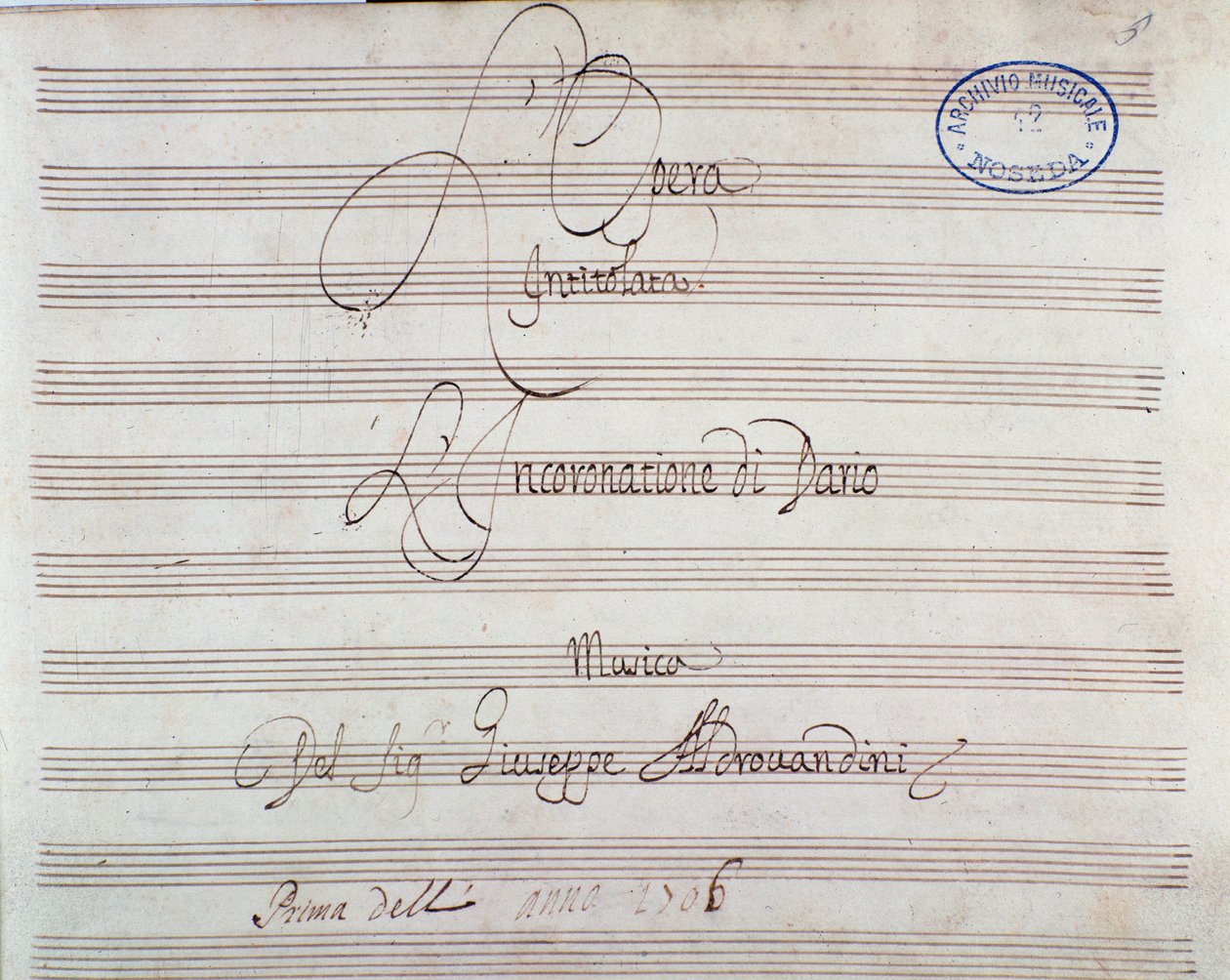 Stránka s notami pro Korunovaci Dariuse od Giuseppe Aldrovandiniho (1703) od Unknown artist