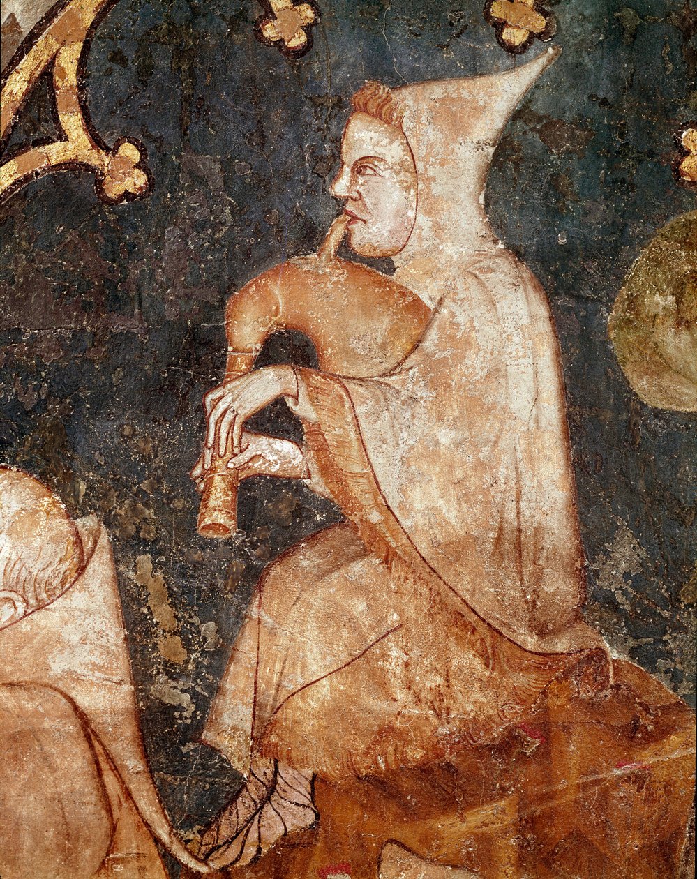 Pastýř foukající na dudy Detail. Freska ze 14. století. Od Olite (Navarre) Museum of Navarre, Pamplona od Unknown artist