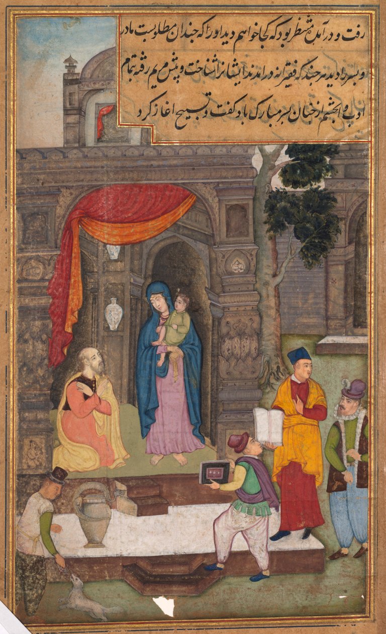 Simeon klečí před Marií a Ježíšem poté, co je poznal, ze zrcadla svatosti (Mir’at al-quds) otce Jeroma Xaviera od Unknown artist