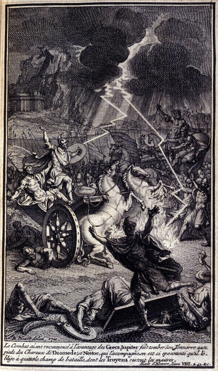 Vzhledem k tomu, že boj začal znovu, měl výhodu Řeků, Jupiter spustil hrom u nohou Diomedových koní; a Nestor, který ho doprovázel, byl tak děsivý, že ho donutil opustit bojiště, ze kterého zůstali Trojané od Unknown artist