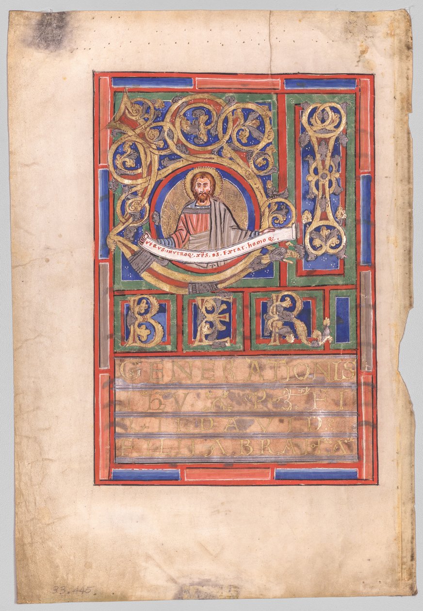 Jeden list vyříznutý z knihy evangelia s počátečním L[iber generationis]: Sv. Matouš (verso) od Unknown artist