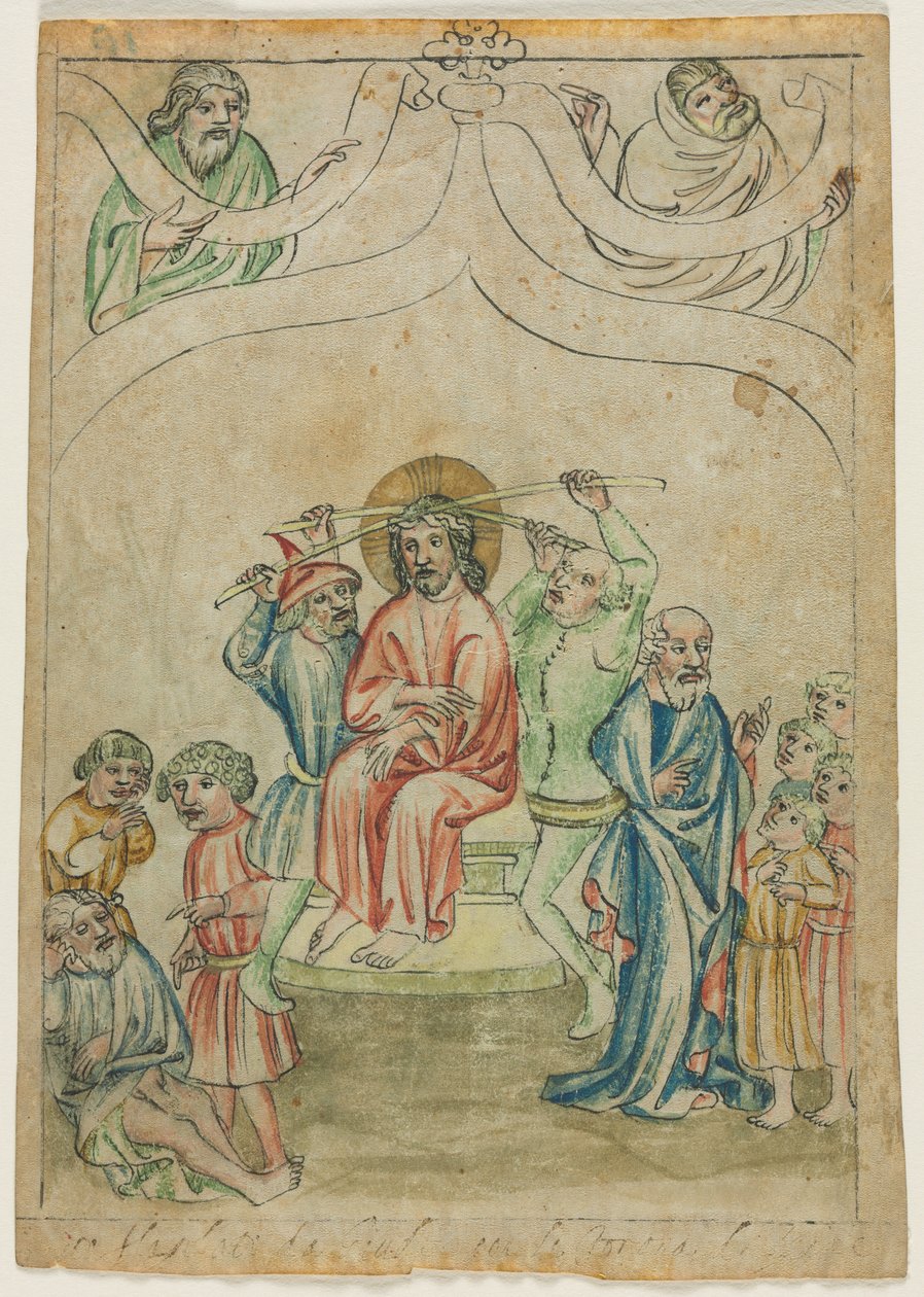 Jeden list z Biblia Pauperum: Kristus korunovaný trny (recto) od Unknown artist
