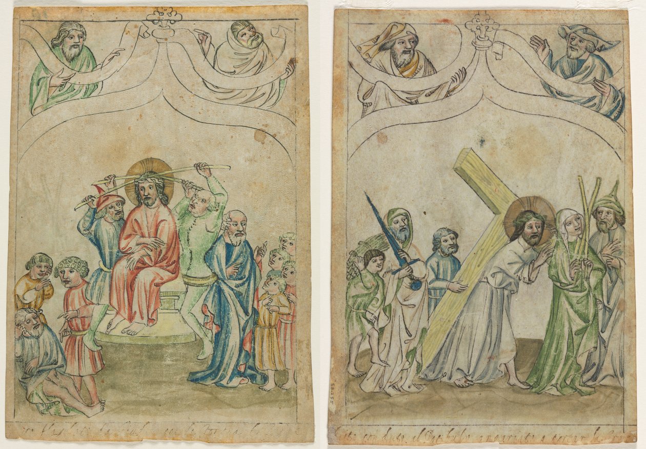 Jeden list z "Biblia Pauperum": Kristus korunovaný trny (recto) Kristus nesoucí kříž (verso) od Unknown artist