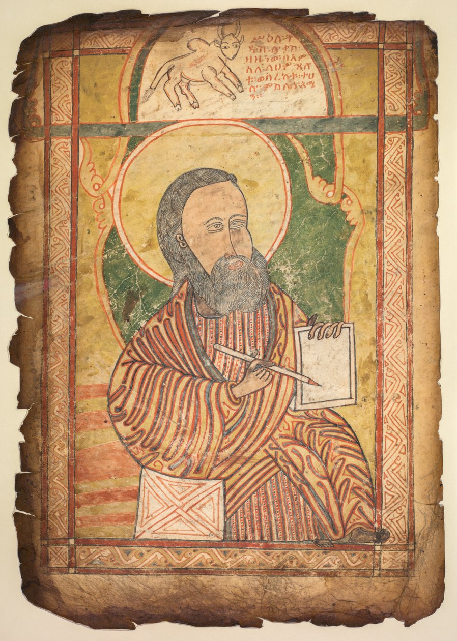 Jeden list z knihy evangelia s portrétem svatého Lukáše od Unknown artist