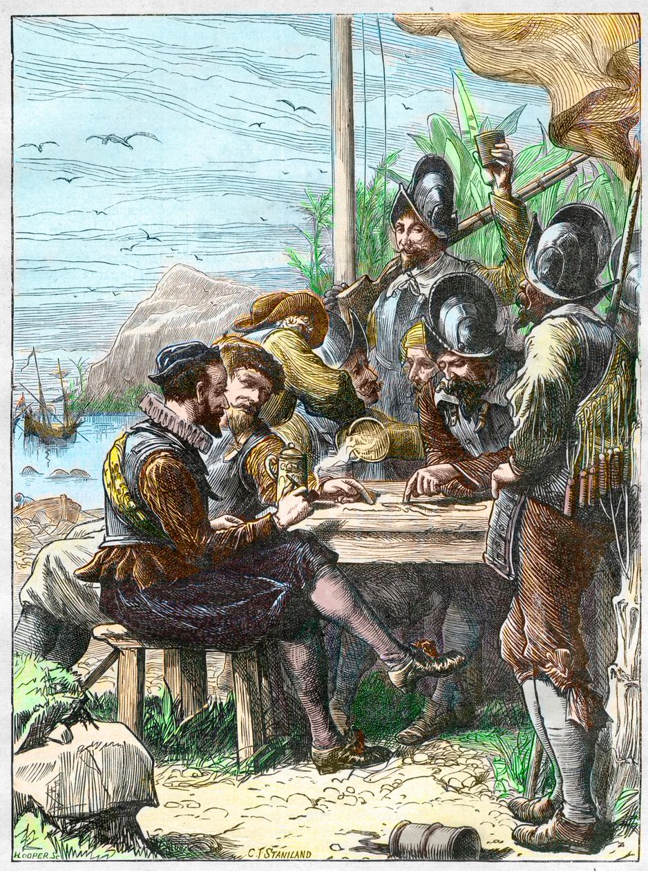 Sir Walter Raleigh na Trinidadu, získávání informací od španělských vojáků ohledně Guayany, 1595. - Expedice Waltera Raleigha od Unknown artist