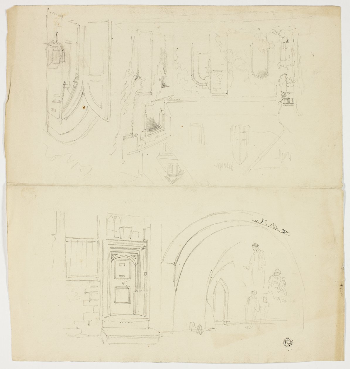 Náčrtky dveří, postav, budovy s bočním vchodem do kostela (recto); náčrt věže (verso) od Unknown artist