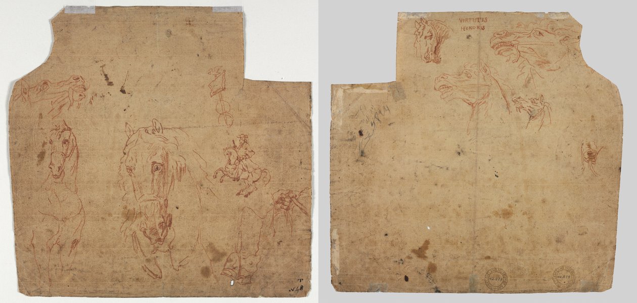 Náčrtky koní a jezdců (recto); Náčrtky koní (verze) od Unknown artist