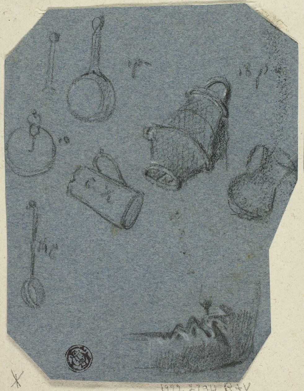 Náčrtky kuchyňského náčiní, ohnutá ruka (recto); historická scéna (verso) od Unknown artist