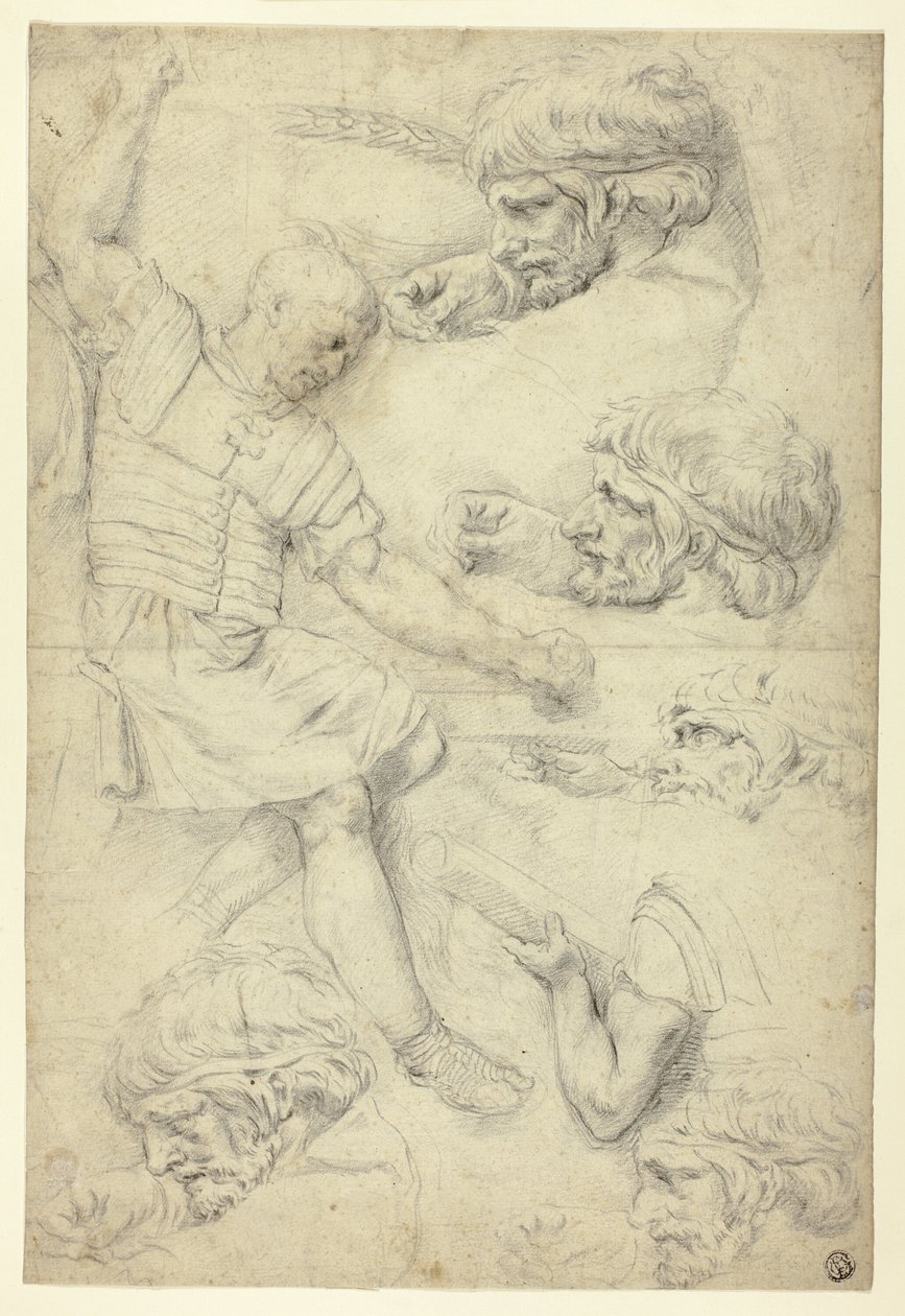 Náčrtky vojáka, hlavy, z římského reliéfu (recto); Náčrtky mužských aktů, z římského reliéfu (verze) od Unknown artist