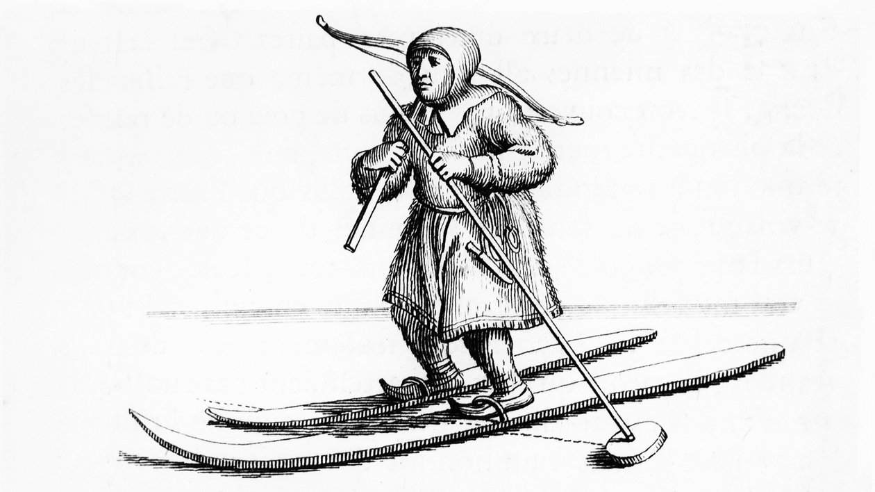 Lyžařský lapon nestejné délky – v „“ Laponia““ od Johanese Scheftera, rytina od Unknown artist