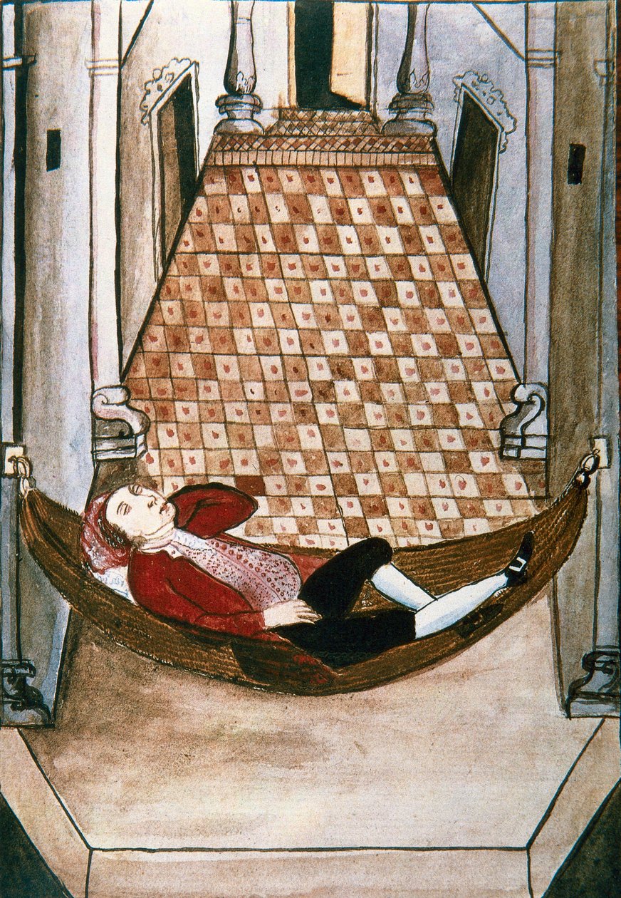 Ospalý Španěl v houpací síti bohatého paláce, z knihy "Trujillo del Peru" nebo "Codex Martinez Companion", od Baltazara Martineze Companion a Bujanda, biskup z Trujillo (1782-1785) od Unknown artist