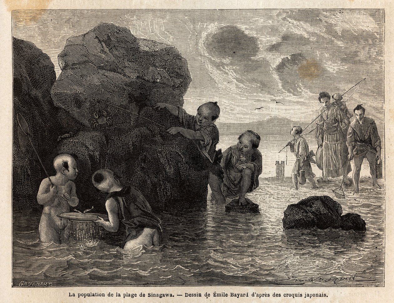 Malé rybářské aktivity na pláži v Sinagawa, děti se cákají ve vodě a chytají kraby a malé ryby. Rytina k ilustraci plavby do Japonska v letech 1863-1864 od Aime Humberta, ministra Švýcarské konfederace, v „“ Le tour du monde, nouveau j od Unknown artist