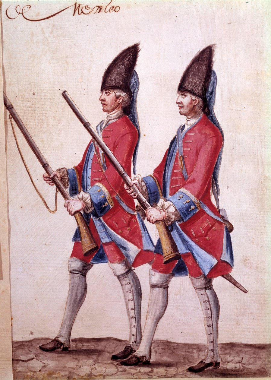 Vojáci pluku Mexika, detail akvarelu z 18. století. od Unknown artist
