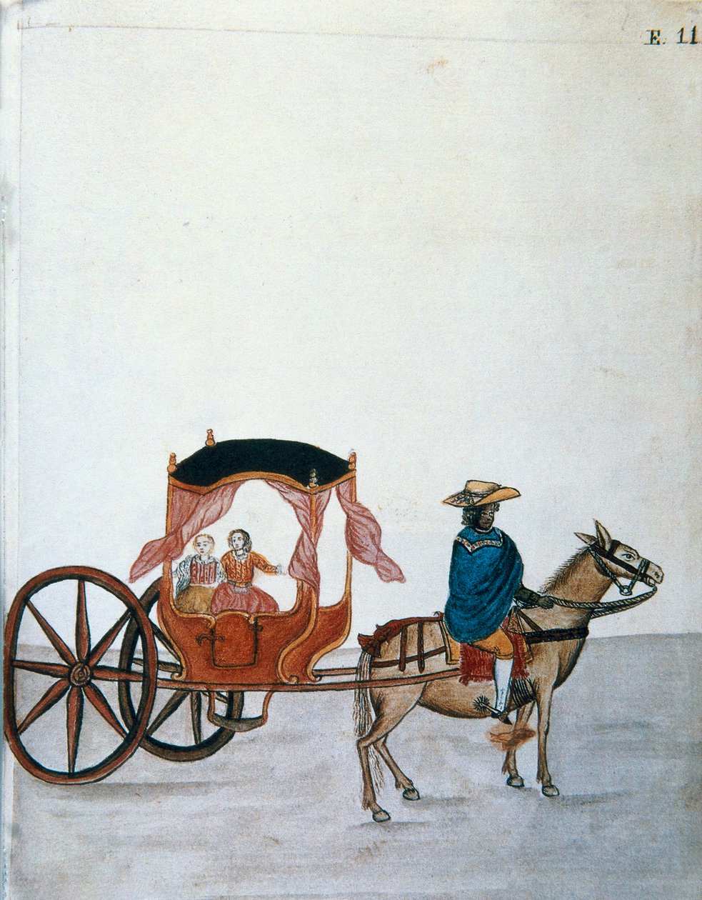 Španělské ženy v kočáru taženém koňmi vedeném Indiánem z knihy „Trujillo of Peru“ nebo „Codex Martinez Companion“, od Balthazara Martineze Companiona a Bujandy, biskupa z Trujillo (1782-1785) od Unknown artist
